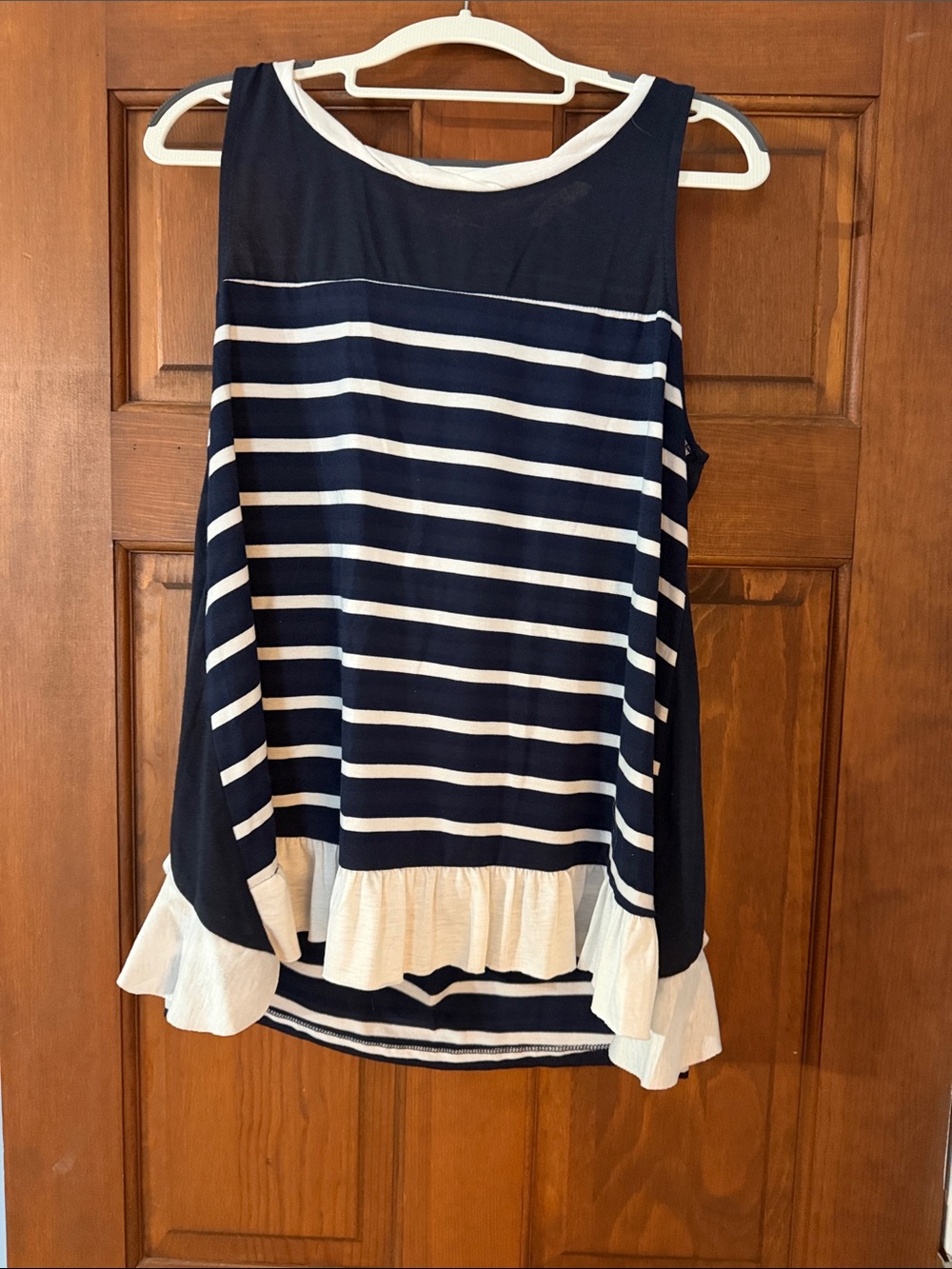 Umgee Navy and White Striped Ruffle Hem Tank Top